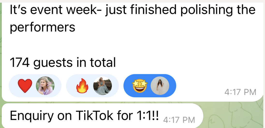 174 guests, TikTok enquiry for 1:1